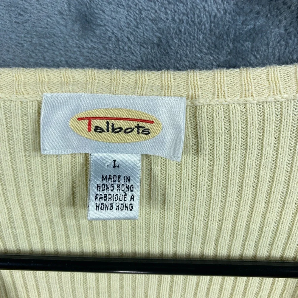 Vintage Talbots Cardigan Sweater Large Yellow All Cotton Button Up Tight Knit